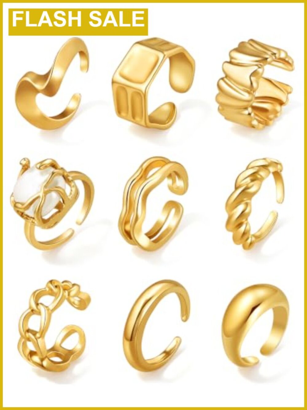9 Pc Adjustable Chunky Stackable Rings Set Gold Tone Plated Statement Jewelry